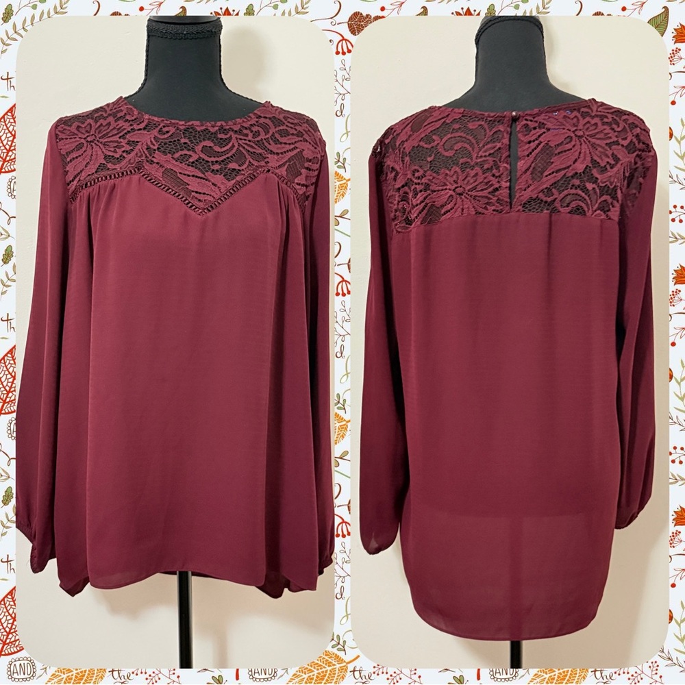 Apt. 9 Women’s Burgundy Lace Detail Long Sleeve Blouse-Sz Large